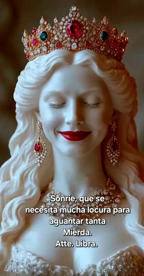 The image features a white statue of a woman's bust, adorned with a jeweled crown and necklace. She has red lips, a smiling expression, and the text overlay provides a humorous quote about enduring life's challenges, with an 'Atte. Libra' signature.