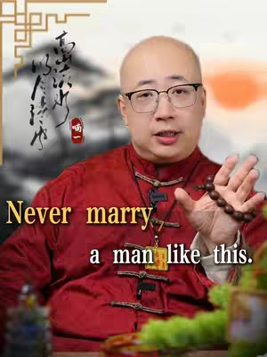 The image features a middle-aged Asian man wearing glasses and a red traditional-style shirt, positioned in front of a blurred, colorful background. He is holding prayer beads out to his right and looking directly at the viewer. The text overlay reads, 'Never marry a man like this.' above the man.