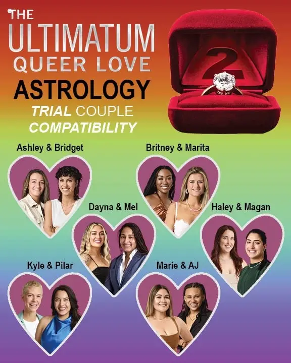 An image with a gradient rainbow background. At the top is a picture of a ring in a red box followed by text that says “THE ULTIMATUM QUEER LOVE ASTROLOGY TRIAL COUPLE COMPATIBILITY”. Underneath the text are pictures of cast members with their names, two people per heart. There are hearts for Ashley & Bridget, Britney & Marita, Dayna & Mel, Haley & Magan, Kyle & Pilar, and Marie & AJ.