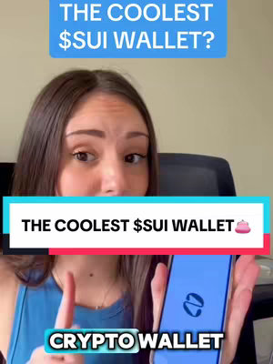 A fair-skinned woman with long, dark hair holds a phone displaying a blue-themed app interface. She is wearing a blue top, and the background is a neutral wall. Text overlays include phrases related to a crypto wallet.