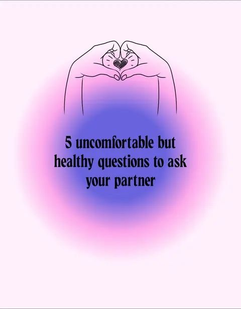 The cover image has a light pink and white background that fades into a soft, gradient look. Overlaid on this is a central dark purple/blue area. In the middle, there's a graphic of two hands forming a heart shape with a small black heart inside. Underneath is the text '5 uncomfortable but healthy questions to ask your partner' in a bold, black, sans-serif font.