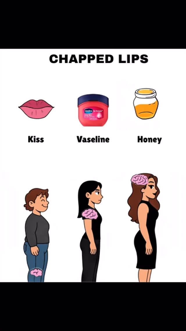 The image is a vertical infographic illustrating remedies for chapped lips. It features three sets of visuals. The top section shows a pair of pink lips, a jar of Vaseline, and a jar of honey, all labeled with their respective names. The bottom section shows three cartoon women in profile. The first is brunette, with a thought bubble with a brain in the shape of a brain over her knee. The second is a woman with black hair. The third is a woman with brain in the same shape as the one on the first woman but styled on her head. The background is white.