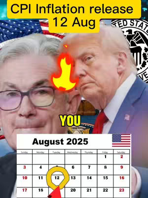 The image features a composite of several elements. Two men are positioned prominently; one on the left, wearing glasses and seemingly looking down, and the other on the right, with a serious expression. A large, yellow and red flame graphic hovers between them. Above, text announces "CPI Inflation release 12 Aug", while the letters "YOU" appear below the flame. At the bottom, a calendar for August 2025 is displayed, with the 12th circled in yellow with a red arrow pointing towards it. The image is a mix of serious and graphic elements.