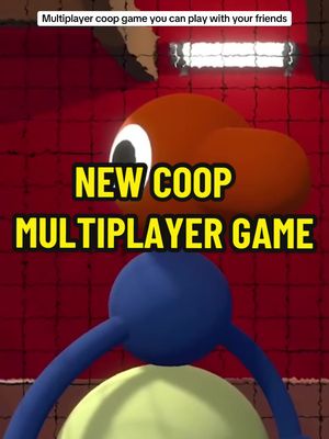 The cover image is a vertical graphic with a stylized, cartoonish design. The background is a solid red. At the top is a light gray rectangle with text. Main elements include two abstract character figures. One character is orange, with a round head and a single large, white eye. Below it stands a blue character with two long, slender arms. Bold, yellow text, 'NEW COOP MULTIPLAYER GAME', is centered in the lower part of the image.