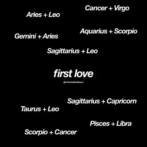 A black background with white text overlays arranged in a grid. The phrase "first love" is in a larger, bold font at the center.