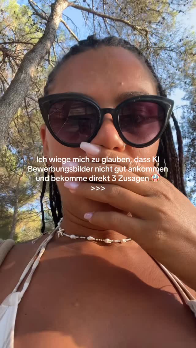 A woman wearing sunglasses and a white top is shown from the chest up. Her hand is near her face. In the background, there are trees and a blue sky. Text is overlaid on the image, expressing thoughts on AI.