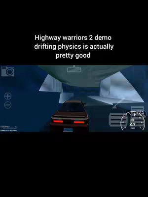 The cover image shows a brown car driving forward through a low-poly blue tunnel. The game's user interface is visible at the bottom, displaying a speedometer and other controls.