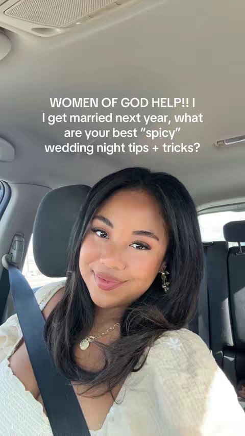 A woman with long black hair is seated in a car, looking at the camera with a slight smile. She wears a white top and gold jewelry, and a seatbelt is across her chest. Text overlays on the image ask for wedding-night tips.