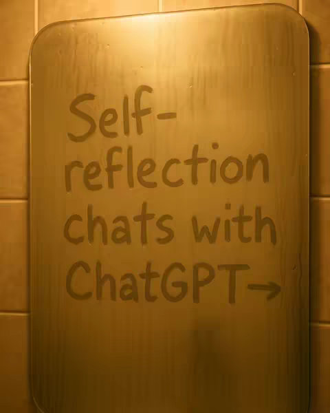 A close-up shot of a steamed mirror or glass, with the words 'Self-reflection chats with ChatGPT' written on it in condensation. The background appears to be tiles, possibly in a bathroom setting, with muted, warm tones, suggesting a spa-like environment.