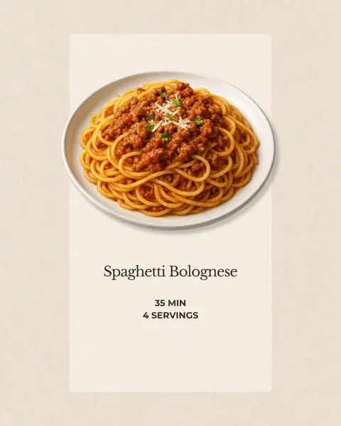 A top-down shot features a white plate filled with spaghetti bolognese. The spaghetti is arranged in a spiral, and the meat sauce is generously spread on top with a sprinkle of cheese. The plate is set against a light beige background with text overlay including the title and the cooking time.