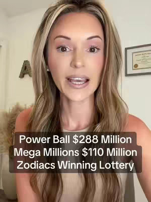A woman with long blonde hair, wearing a tan top, is centered in the frame, speaking. Overlayed text at the bottom of the screen announces lottery winning amounts. Neutral background with a framed certificate.
