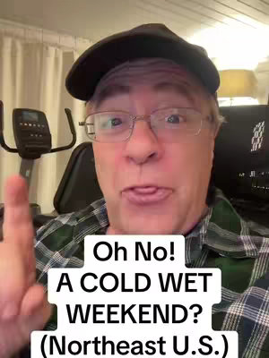 A man in a baseball cap and glasses looks directly at the camera, with his index finger raised. Text overlays at the bottom announce a weather forecast.