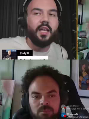 The cover image is a split screen. The upper half shows a man with a beard, wearing headphones, and talking. Below him is another man with a beard. A smaller inset on the top-left corner shows a person on screen.
