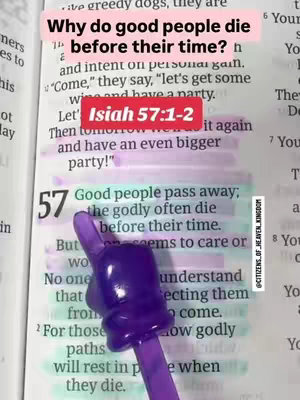 The cover image features an open book, likely a Bible, with a highlighted passage. At the top, pink text overlays the page stating, "Why do good people die before their time?" The passage "Isaiah 57:1-2" is highlighted in a red rectangle. A purple, hand-shaped pointer points towards the highlighted text. The overall composition suggests a focus on theological interpretation or religious study.