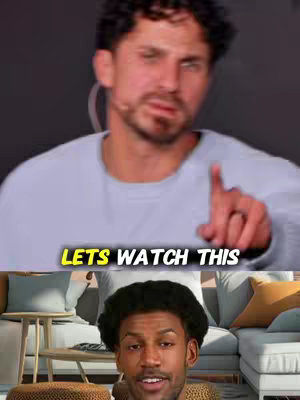 The image is a split screen. The top half features a man with a beard and light-colored shirt, pointing at the viewer. Below it, the bottom half shows another man smiling in a domestic setting. The text overlay reads 'LETS WATCH THIS'.
