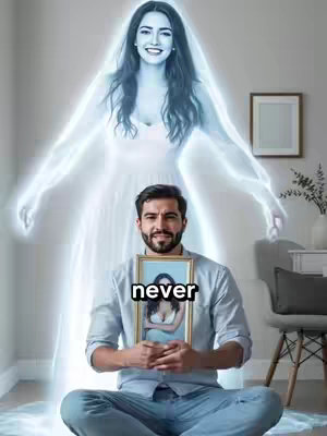 The cover image features a man sitting cross-legged on the floor, holding a framed photo. Behind him is a glowing, spectral woman in a white dress, hovering as if a ghost. The word "never" is superimposed over the framed photo in the man's hands. The setting appears to be a domestic, modern room.
