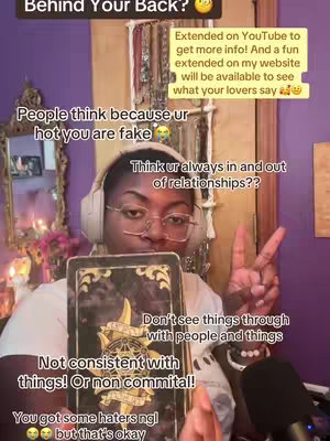 A selfie-style video cover shows a person holding up a tarot card with a background of decorative items hanging on the wall. The person wears glasses and headphones, and text overlays appear to mimic a social media post.