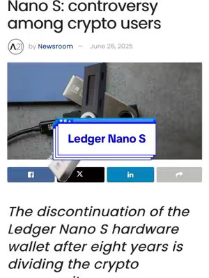 The image is a screenshot of an article about the Ledger Nano S hardware wallet, showing a hardware wallet, a USB cable and a PC screen with notification pop-up. The Ledger Nano S is featured, along with a USB cable, and the notification pop-up stating Ledger Nano S. Social media sharing icons are visible.
