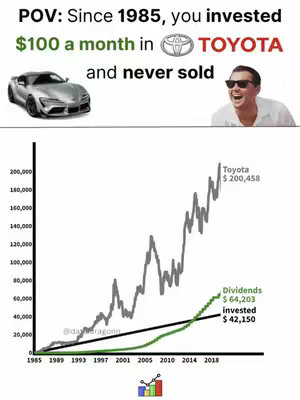 The cover image is divided into two main sections. The top section features the text 'POV: Since 1985, you invested $100 a month in TOYOTA and never sold'. Beside it a silver car is shown and a man wearing sunglasses. The bottom shows a line graph over the years, with the Toyota performance line graph and Dividends graph highlighted. The image uses a white background. 