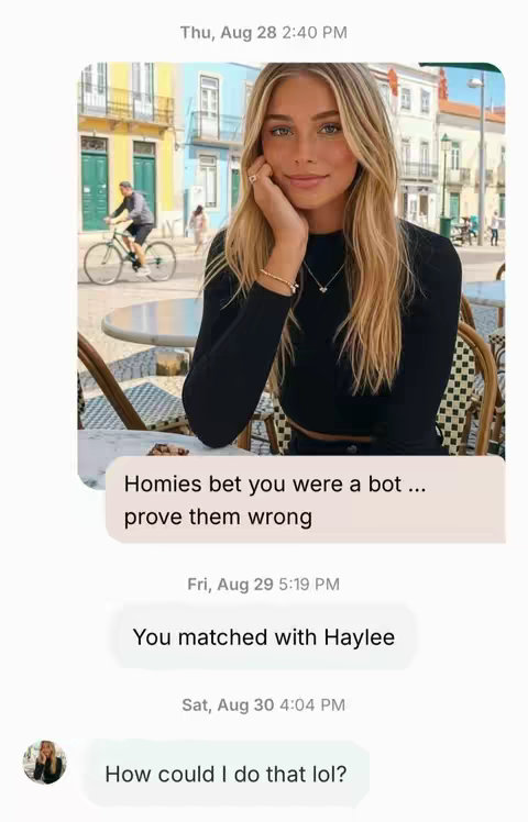 The image is of a social media interaction displayed as a phone screen. It features a light-skinned woman with blonde hair in a black top, in a background of an urban setting, with an overlay of text message bubbles. The woman with a sincere expression with a blurred background of buildings and another person on a bicycle.