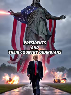 The cover image presents a surreal composite with a statue of a woman draped in the American flag, reaching skyward in a dramatic pose. Behind her is a grey sky. At the base of the statue, President Trump is seen walking on a road surrounded by fire. Text overlayed in the center reads 'Presidents and Their Country Guardians'. The overall composition is a mix of fantasy and political themes with a cinematic feel.