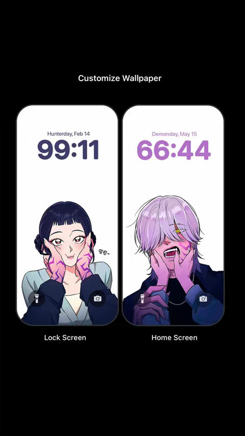 An image displaying two smartphone lock screens side by side against a black background. Each screen features a stylized anime character—one with dark hair and another with silver hair touching their face and mouth areas. The lock screens display the date and time. Text reading 'Customize Wallpaper' sits above the screens.