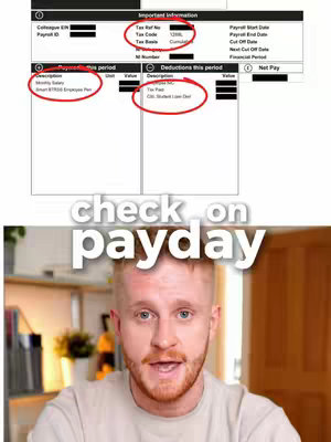 The cover image features a split view. On the upper half, a screenshot of a payslip with key sections highlighted. The lower half of the image features a man with red hair, standing in front of a blurred background, looking at the camera and speaking.