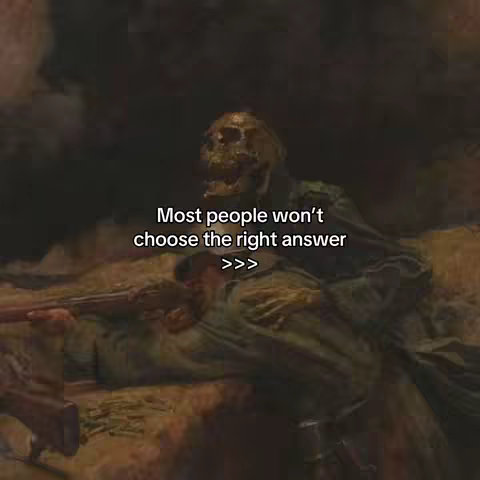 The cover image is a somber painting depicting a skeleton in a helmet with a human body, over a man holding a rifle. Overlayed text reads: "Most people won't choose the right answer >>>". The color palette is dominated by dark, muted tones, and the layout is vertically oriented, conveying a sense of moral dilemma and deep questioning.