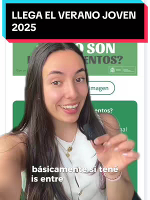 A smiling woman with long dark hair is featured, holding a microphone and speaking. The background includes text on a screen, with the words 'Llega el verano joven 2025'. The overall composition is a direct-to-camera style with a bright, upbeat tone.