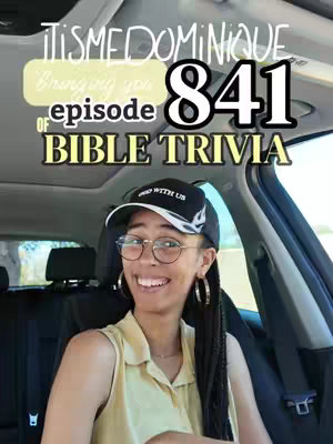 The cover image shows a young woman in a car, likely the driver's seat, smiling at the camera. She is wearing a black cap that says 'GOD WITH US', glasses, and hoop earrings. Overlayed on the image are the text elements for the video title and episode number of 'BIBLE TRIVIA'.