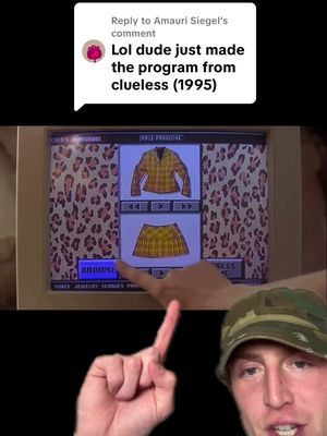 The cover image shows a split-screen design. The top part captures a screenshot from the movie 'Clueless' (1995), displaying a computer screen with outfit options. The foreground features a hand pointing at a clothing option on the screen, indicating interaction. In the bottom half, a person with light skin wearing a camouflage hat is seen with a wide-eyed and open-mouthed expression, likely in response to the scene.