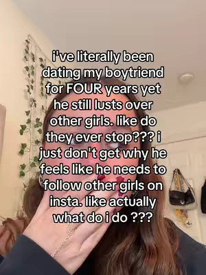 The cover image features a young woman in a medium shot, with a soft background of a wall and hanging plants. She has long brown hair and is wearing a black top; she is covering her mouth with her hand. The text overlay is centered and contains a first-person narrative about a relationship issue. The overall composition emphasizes a personal and emotional tone.