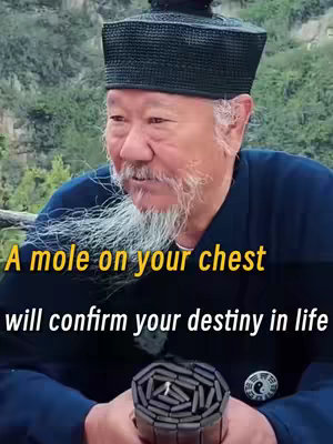 An older Asian man wearing a black hat and traditional-style dark blue garment is centered in the frame against a blurred natural background. Text overlayed reads, 'A mole on your chest will confirm your destiny in life'. The man holds a dark-colored, cylindrical object, and additional text is visible at the bottom.