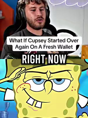 The image is a vertical split screen. The top half features a man with short, curly hair, wearing a black t-shirt and a headset, speaking to the camera, with a background of a room with some neon lights. The bottom half showcases a vibrant illustration of SpongeBob SquarePants, dressed in a sailor's hat and with his hand raised in a salute. Overlaid on the top half is bold white text, while the words RIGHT NOW are in a black box.