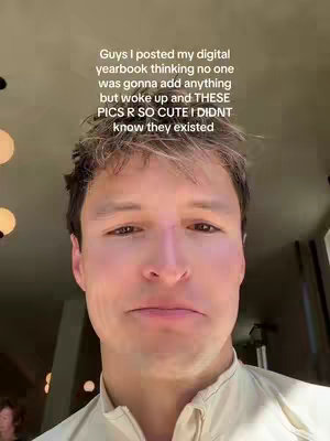 A medium shot of a young man with short, light brown hair and a neutral expression. He is looking directly at the camera with a slightly raised eyebrow. The background is out of focus but appears to be an indoor setting. Text is overlaid at the top of the image, detailing why he is emotional.