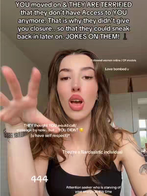A selfie-style video cover image featuring a woman with long brown hair slightly open-mouthed, reaching a hand towards the viewer. Text overlays are interspersed in the background. The color palette has natural skin tones with dark clothing.