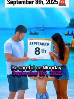 The image shows a family on what appears to be a beach. The father and mother are holding a sign that reads "SEPTEMEER 8th". The date "September 8th, 2025" is also written at the top. A child is standing in front of them. The sky is a light blue, and the water is a turquoise color.