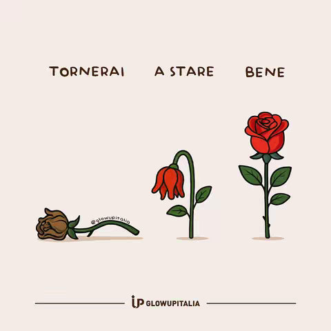 The image is a simplified illustration depicting the phases of a rose. On the left is a withered, brown rose on the ground; in the center, a wilting red rose; and on the right, a vibrant, fully bloomed red rose. Above the roses are the words 'TORNERAI A STARE BENE' (You will be well again) in a serif font. The overall color scheme is light, with a beige background.