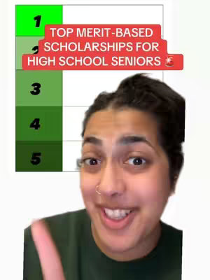 The image shows a woman smiling with wide eyes, with a graphic behind her listing the top merit-based scholarships for high school seniors. The numbers 1, 3, 4, and 5 are visible on a white background, with color gradients for visual emphasis.