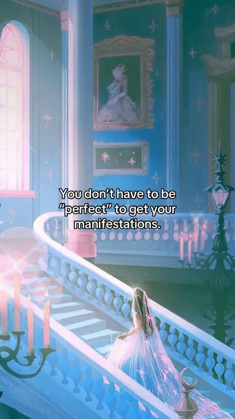 An artistic rendering showcases a grand staircase bathed in soft pink and blue hues. A woman ascends the stairs, wearing a flowing gown sprinkled with stars. Text overlayed on the image conveys a motivational message.