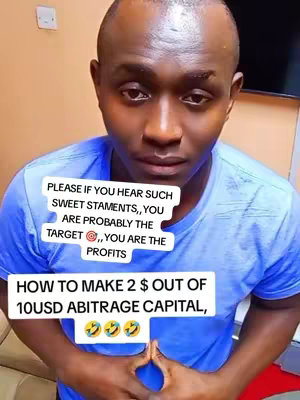 A man in a blue shirt is positioned in a selfie-style shot. He is looking at the camera with a serious expression. Overlayed text in a white box speaks about scam attempts and offers a financial opportunity. Below, there are a few humor emojis. The background is an undecorated neutral walls with some light variations.