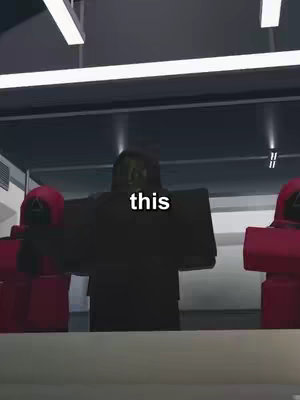 The cover photo features a scene from a Roblox game. The scene depicts three figures in a room with a metallic background and overhead lighting. In the center is an ambiguous figure clad in a black outfit, and to the figures on both sides are characters in red jumpsuits and masks, reminiscent of the Squid Game guard uniforms. The text overlayed on the center figure says, 'this'.