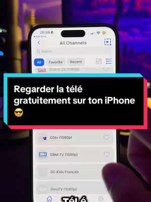 The image shows a smartphone displaying the interface of an app. The app interface has a search bar, categories like 'All', 'Favorite', and 'Recent', and a list of channels. A text overlay in a colored box over the phone screen states a call to action to watch TV.
