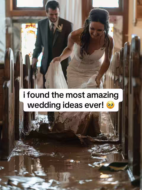 A photo captures a bride in a white wedding dress walking towards the camera through a flooded chapel. Her dress is slightly lifted, and a man in a suit is visible in the background. The water is dark and muddy, suggesting a chaotic situation. A text overlay reads, "i found the most amazing wedding ideas ever!" with a shocked face emoji. The scene is partially blocked by pews.
