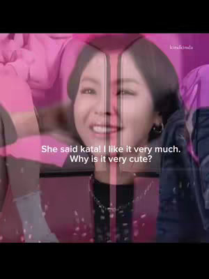 The cover image showcases a split-screen of a smiling woman; her face is duplicated along a vertical line, flanked by a mix of light pink and darker pink shapes. Text overlays the image, including the words 'She said kata' and other phrases in what appears to be a conversational tone.
