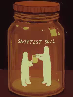 An illustration featuring a large jar with a brown lid holding two silhouetted figures. The figures are depicted in a simple, minimalistic style and are interacting with a smaller container. The jar sits against a dark background, and 'SWEETEST SOUL' is written on the jar.