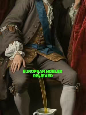 A painting that depicts a close-up of a person dressed in historical European noble attire. The person is seated with an unmistakable urine stream flowing from their clothing into a pot. The overall color scheme includes browns, golds, blues and reds.