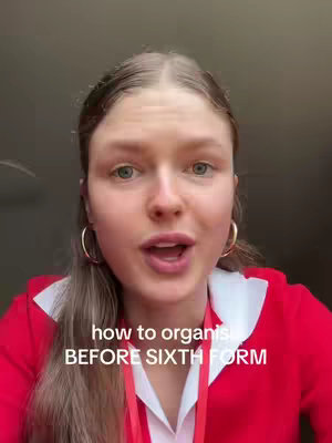 A woman with long blonde hair and gold hoop earrings is centered in the frame, speaking. She wears a red uniform with a white collar. Overlayed text reads 'how to organise BEFORE SIXTH FORM'.