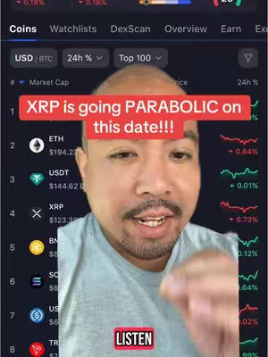 A man with a bald head and a slightly open mouth is in the centre of the image. Overlayed at the top of the image is a red rectangular box with white text in caps across it. Behind the man is a screengrab of a crypto app with data and charts, and there is also a red box at the bottom of the image that has the word 'LISTEN' inside.