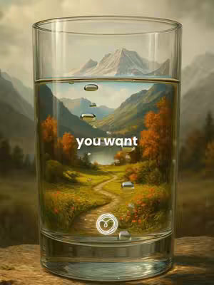 A digitally rendered image that shows a glass filled with water. Within the glass is a landscape scene, which looks like a painting. The scene shows a valley, with a road winding between green grass, orange trees, and a body of water leading towards a mountain range.